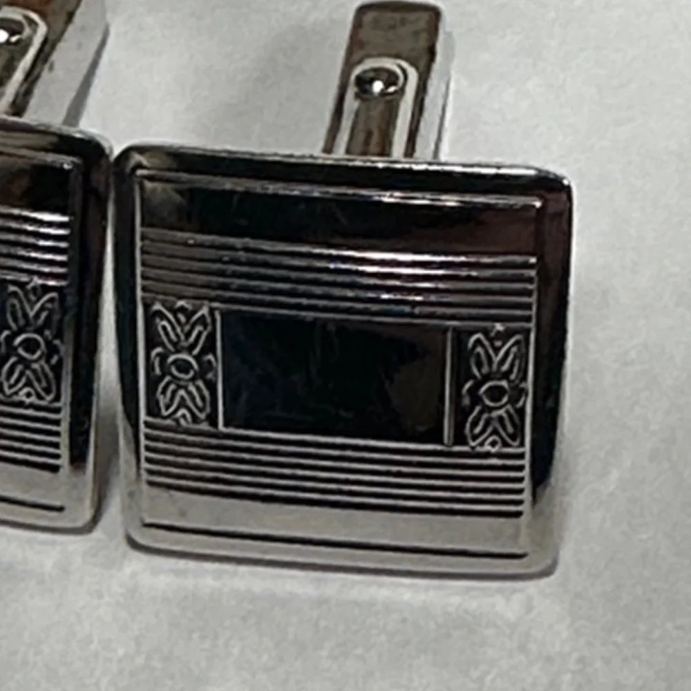 Sterling Silver MCM Square Cufflinks Set floral stripes (SS on front only)